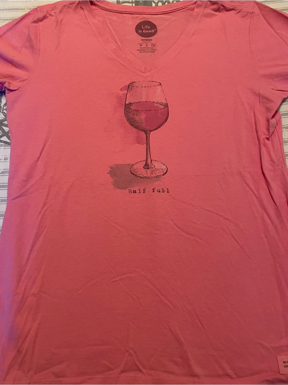 Life Is Good Women’s Pink V-Neck Tee with Wine Glass Graphic